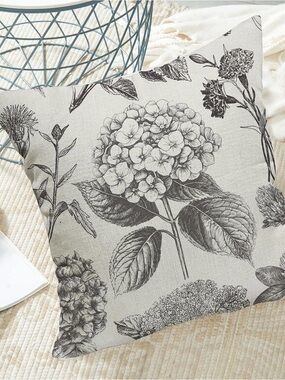 Botanical Floral Throw Pillow Covers in Black and Cream x2